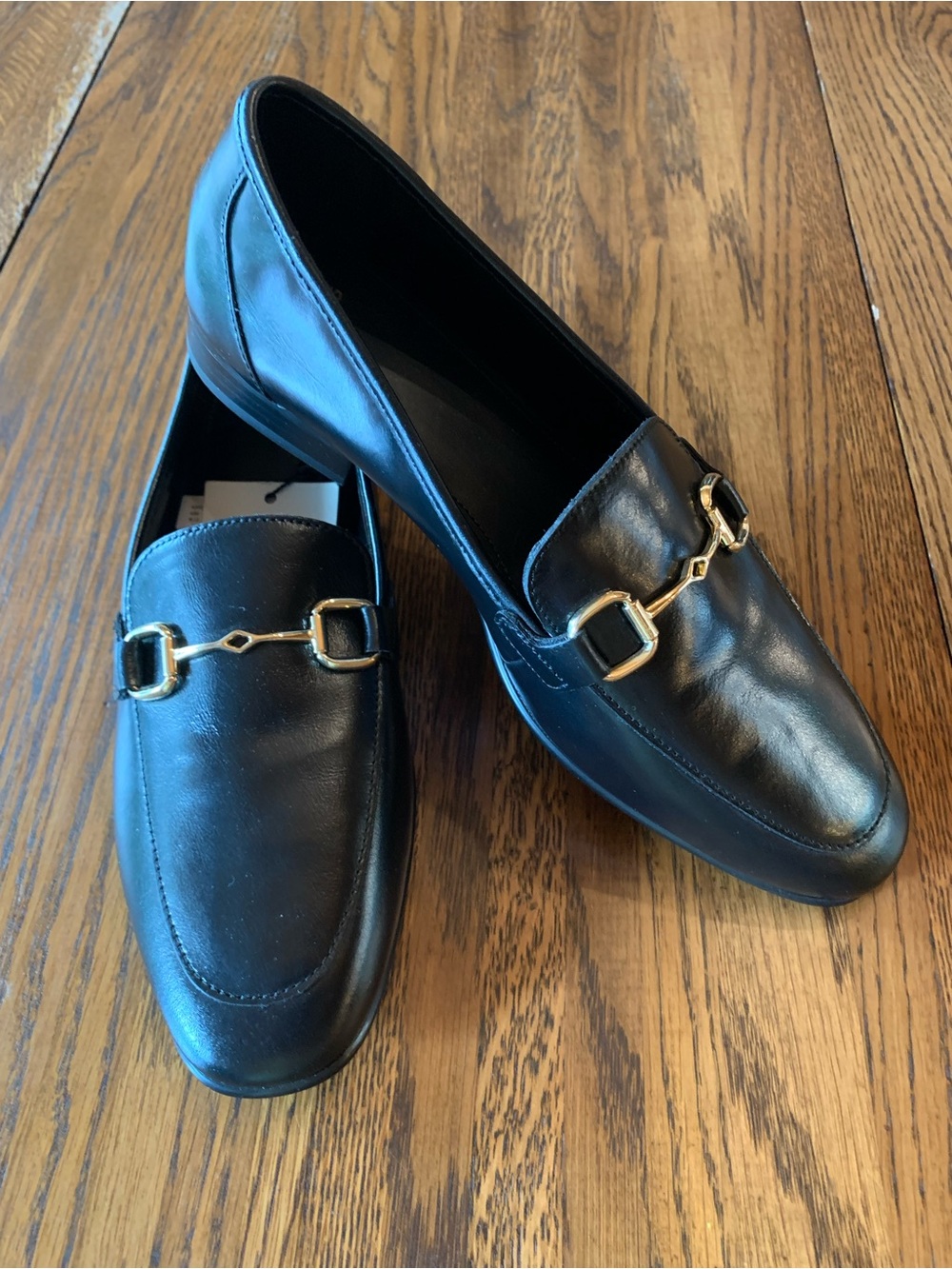 NWT Mango Black Leather Loafers with Gold Horsebit